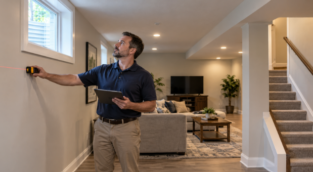 Home appraiser measuring the wall of a finished basement with a laser device.