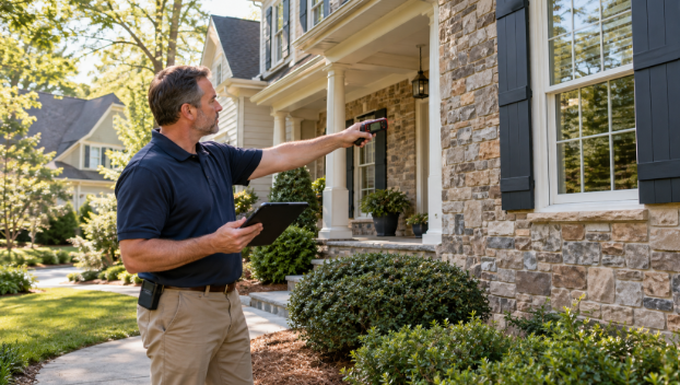 Residential appraiser measuring the exterior of a North Carolina home.